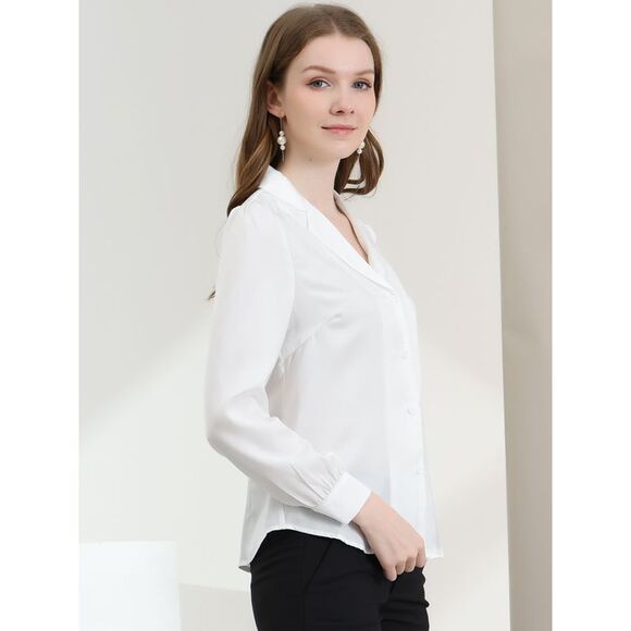 Women's Collar Blouse Long Sleeve Satin Button Down Shirt White - Picture 4 of 6